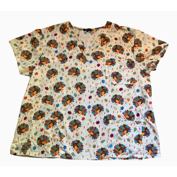 Just Love Womens 3X Fall Thanksgiving Turkey Scrub Top Medical Uniform - Picture 2 of 10